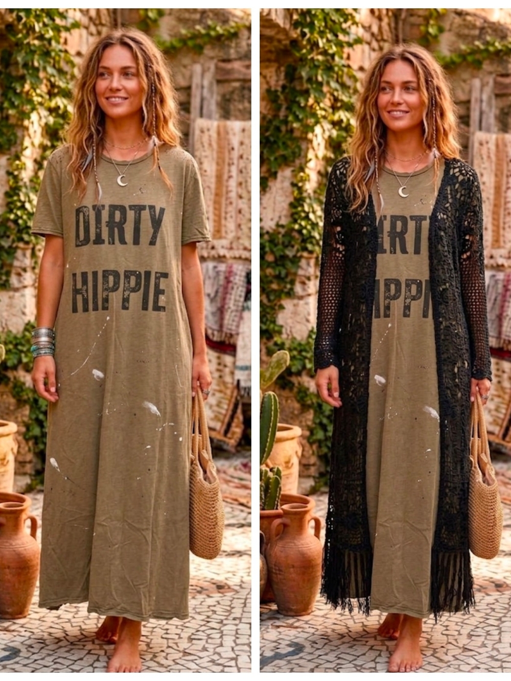 Dirty Hippie Olive Green Distressed Paint Splatter Dress